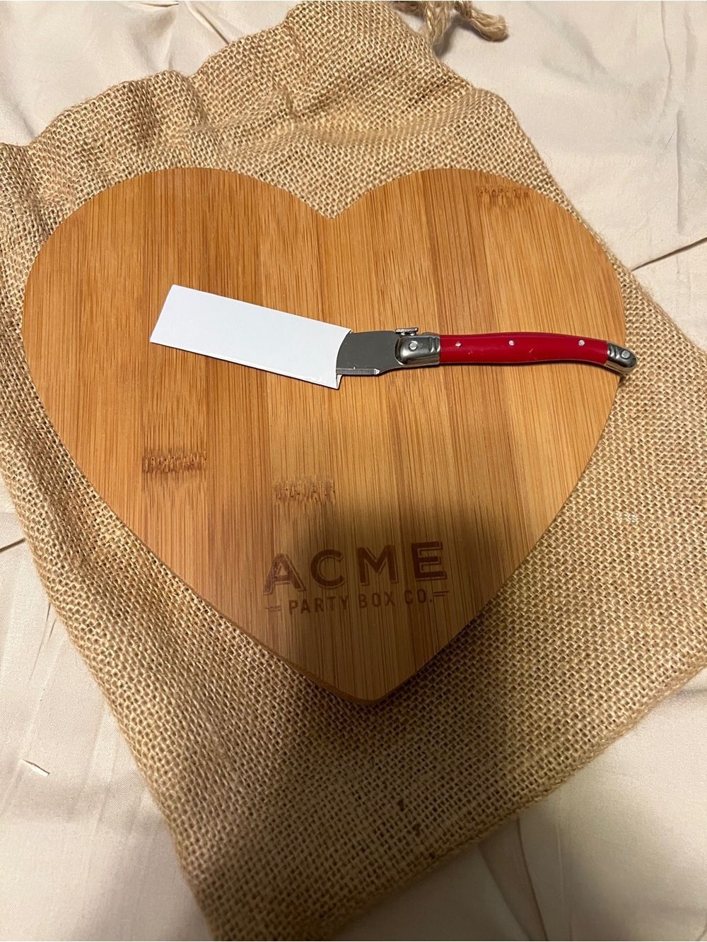ACME Red Handled Cheese Spreader Knife and Heart Cutting Board